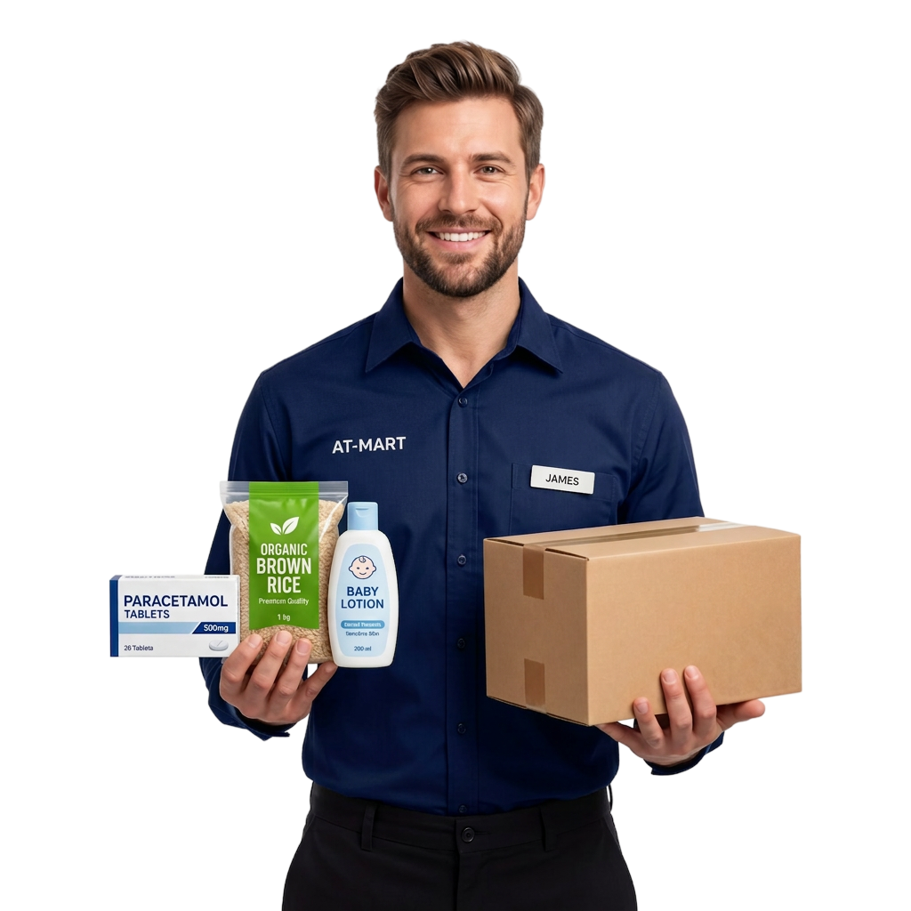 AT PHARMA delivery person with medicines, groceries and baby care products